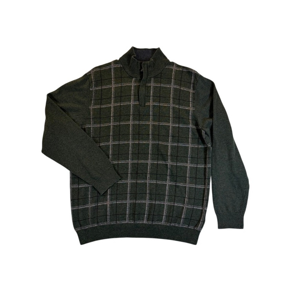 Tasso Elba Quarter Zip Pullover Men Large Green Plaid Cotton Blend WPL8046